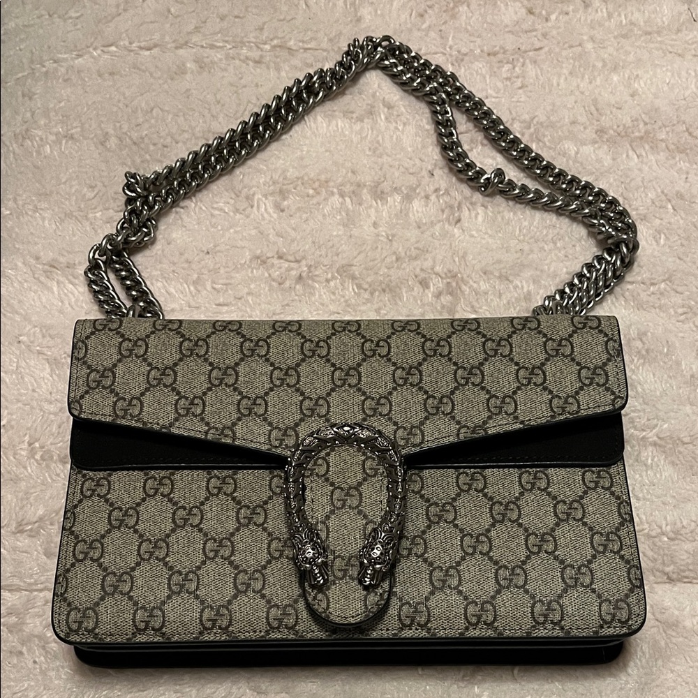 Gucci Beige and Black Shoulder Bag with Silver Chain